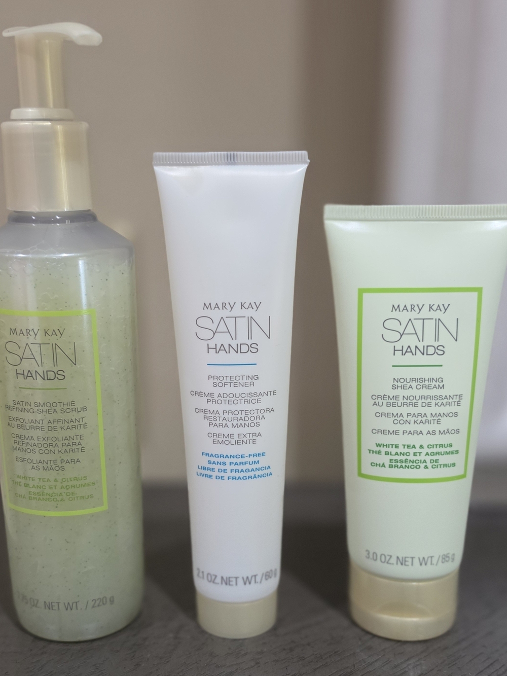 Mary Kay Satin Hands Trio — White & Light Green Tubes with Clear Pump